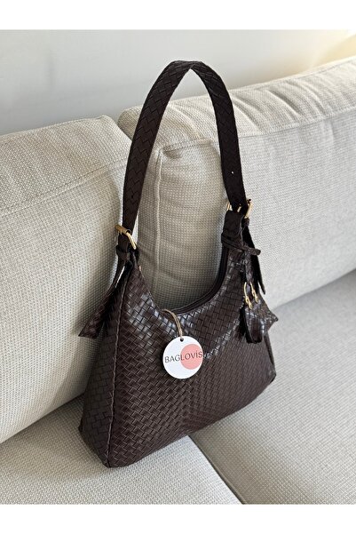 BAGLOVİS Askisi Toka Detailled Mini Wallet Knitted Brown Women's Shoulder Bag En34 Boy22