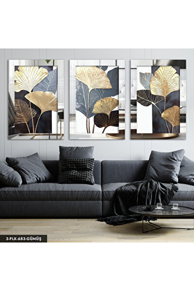 Evinemoda Gri ve Gold Yapraklar 3 Parça Gümüş Pleksi Aynalı Tablo