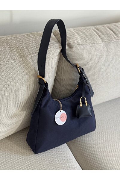 BAGLOVİS Suede Dark Blue Women's Shoulder Bag with Hooks, Buckle Details and Small Wallet En34 Boy22