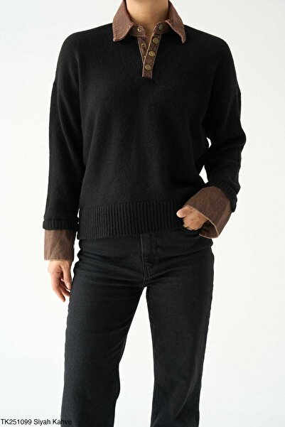 LİNDALİNA TEKSTİL Women's Regular Half Zipper Collar and Sleeve Denim Detailed Knitwear Sweater