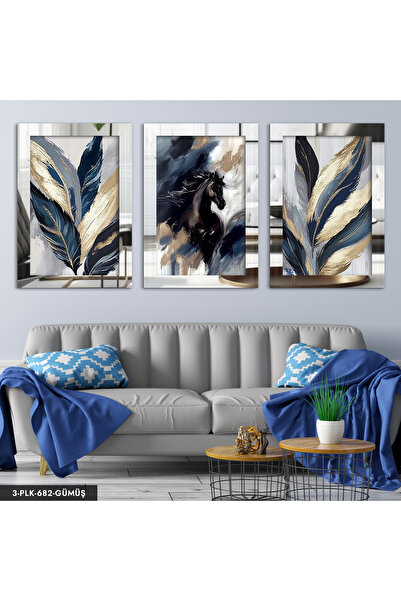 Evinemoda Siyah At ve Yaprak 3 Parça Gümüş Pleksi Aynalı Tablo