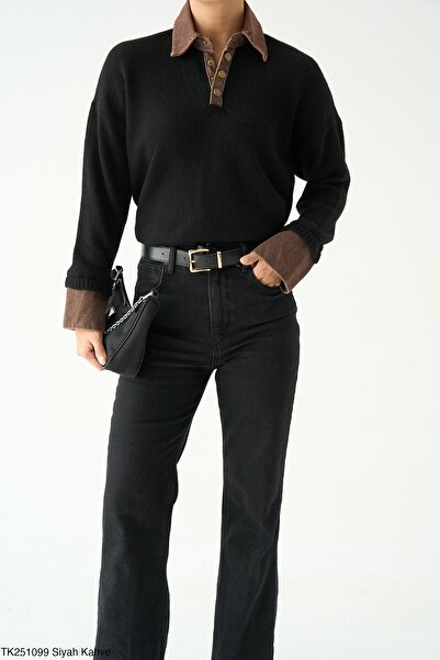 LİNDALİNA TEKSTİL Women's Regular Half Zipper Collar and Sleeve Denim Detailed Knitwear Sweater