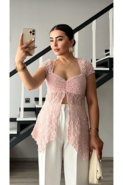Oslove Powder Pink Asymmetrical Lace Blouse