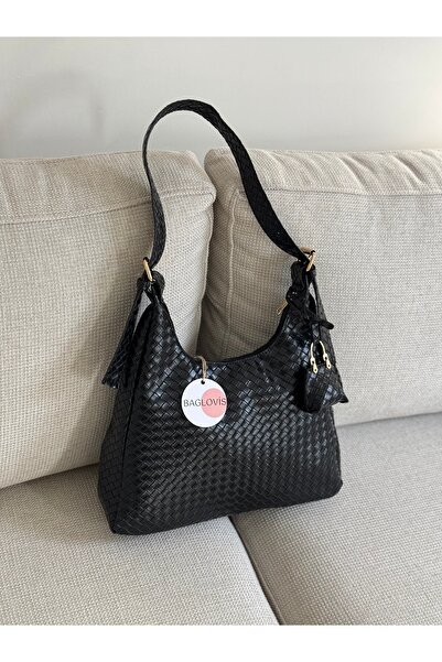 BAGLOVİS Black Knitted Women's Shoulder Bag with Hook and Clasp Detail and Small Wallet En34 Boy22