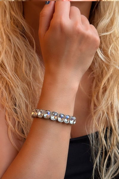 EMOSH de Lamour سوار رفيع مرن من حجر الكريستال الفضي اللون |   شفاف وبراق كال...