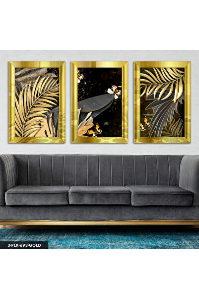 Evinemoda Frunză de aur și fluture, tablou din plexiglas auriu cu oglindă, 3 ...