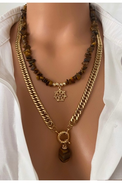 TARZ-I TAKI İki Kolye Doğal Taş Kahve Kaplan Gözü Taşı ve Gold Çelik Zincir Gemici Kilit İkili Kadın Kolye Seti