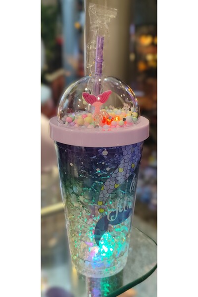 ada çanta kırtasiye Illuminated Model Fancy Lid Plastic Cup with Straw 470ml Ad63626