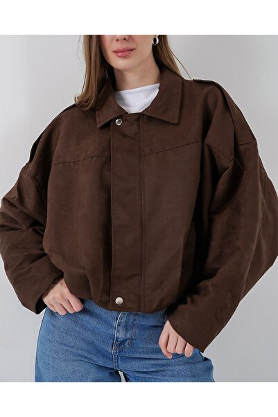 Modamorfo Women's Brown Oversized Suede Jacket 1055