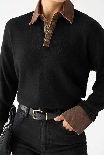 LİNDALİNA TEKSTİL Women's Regular Half Zipper Collar and Sleeve Denim Detailed Knitwear Sweater