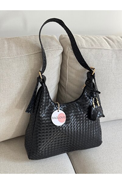 BAGLOVİS Black Knitted Women's Shoulder Bag with Hook and Clasp Detail and Small Wallet En34 Boy22