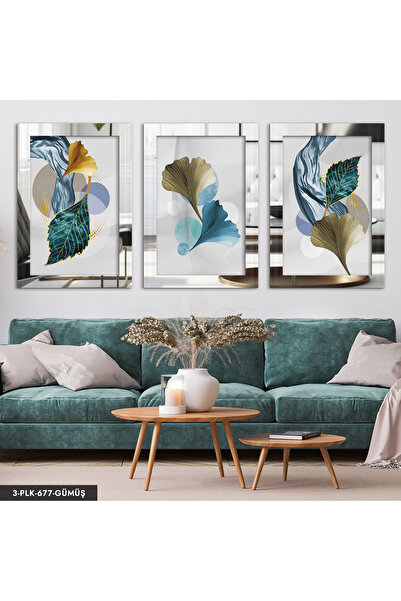 Evinemoda Dalgalı Çizgiler ve Renkli Yapraklar 3 Parça Gümüş Pleksi Aynalı Tablo