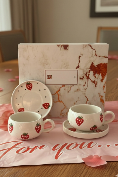 Janset Kütahya El Yapımı 2li Tabaklı Kupa - Çilek Tadında