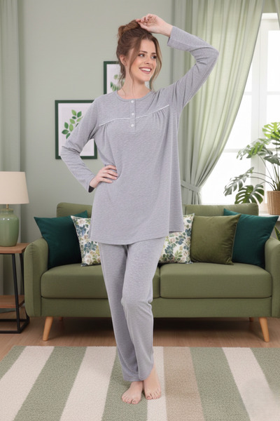 Lohusa Homewear Women's Gray Stylish Long Sleeve Buttoned Plus Size (Oversized) Pajama Set