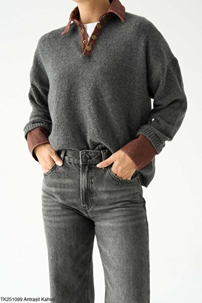 LİNDALİNA TEKSTİL Women's Regular Half Zipper Collar and Sleeve Denim Detailed Knitwear Sweater