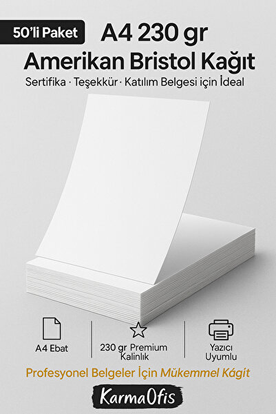 KarmaOfis A4 230 gr Amerikan Bristol Sertifika Kağıdı (50’li Paket) – Kalın B...