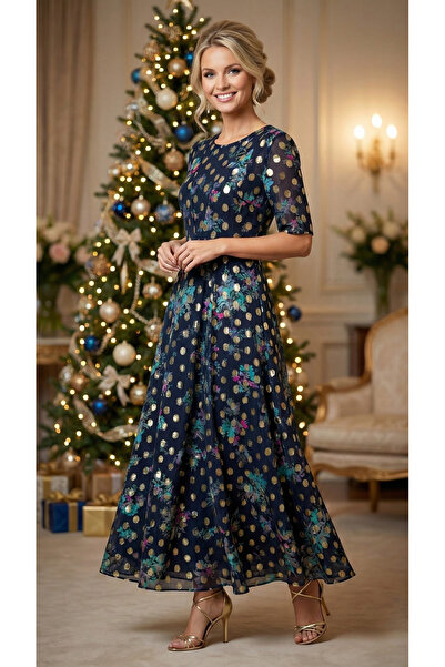 Snobistic Rochie Midi Bleumarin din Mătase cu Imprimeu Floral și Accente Aurii