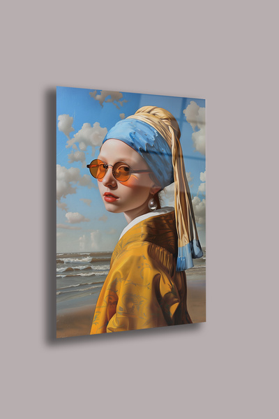 gxe.art Tablou din sticlă de 4 mm pentru fată cu eșarfă albastră – Portret mo...