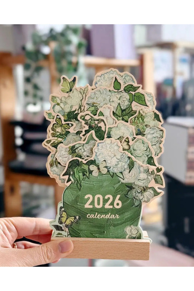 Bikutumutluluk 2026 Çiçekli Masa Takvimi Van Gogh Güller Vazoda Yeşil