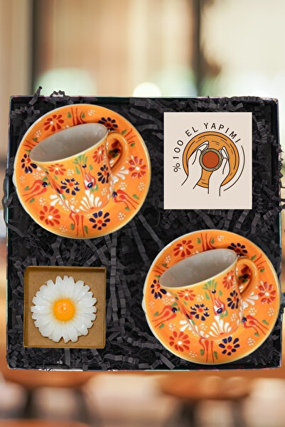 Janset %100 El Yapımı Hediye Seti-Kütahya Çini El Yapımı 2Lİ Turuncu Kahve Fi...