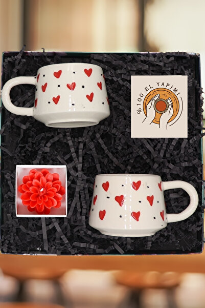 Janset %100 El Yapımı Hediye Seti-Kütahya El Yapımı Kalp Desenli 2 li Kupa Ve Mum-Kutulu Gönderim