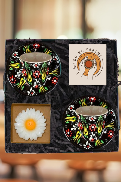 Janset %100 El Yapımı Hediye Seti - Kütahya Çini El Yapımı 2Lİ Siyah Kahve Fi...