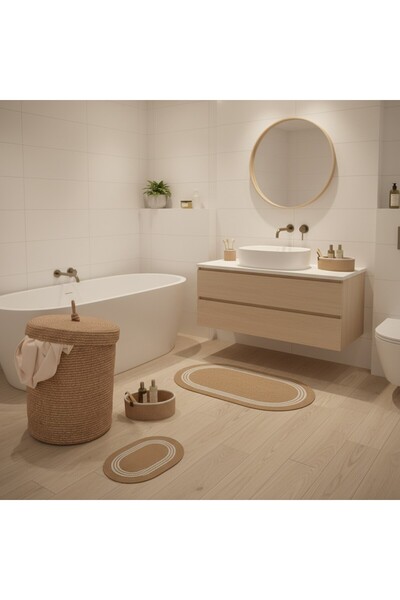 Comfort Craft طقم سجادة حمام من الخيزران/الجوت مكون من 5 قطع مخططة باللون الأ...