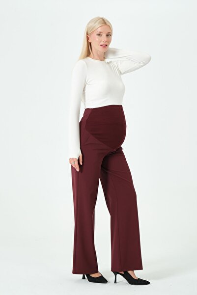 BUSA Maternity Stretchy Waistband Adjustable Wide Leg Gabardine Trousers Bordo