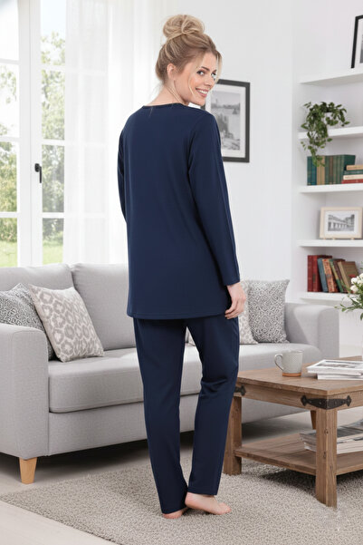 PREGNANT WORLD Women's Navy Blue Design Crew Neck Long Sleeve Plus Size (Oversized) Pajama Set