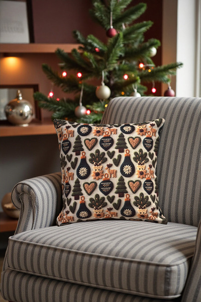 DECOROMA Husă pentru pernă cu model rustic de pin, cerb și ornamente, cu aspe...