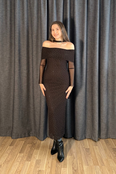 Sorridi Taşlı Fularlı Madonna Yaka Tül Uzun Elbise