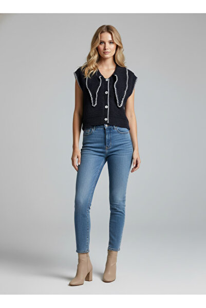 Qoolest Kadın Lacivert Kontrast Dikişli Şal Yaka Düğmeli Crop Triko Yelek