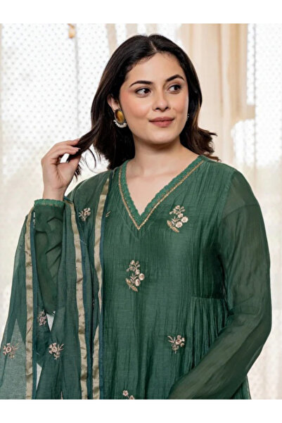 MYSMAR Green Cotton Salwaar Kameez Dupatta - ALV2000 | Green