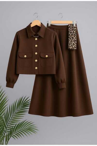 MODA VEDAT Women's Gold Buttoned Scuba Fabric Suit with Skirt -0580