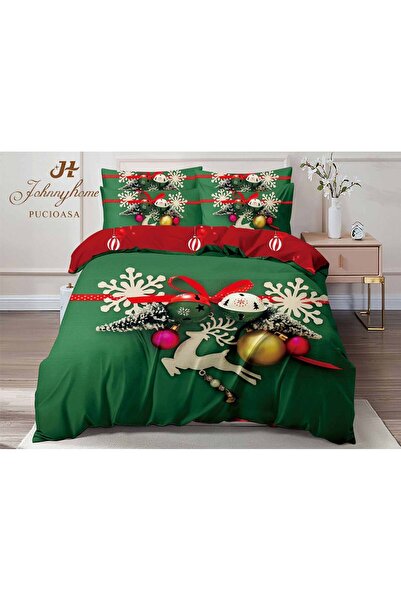 trendyhome Christmas Cotton Finet Bedding 6 Pieces – Green with Reindeer, Bells & Snowflakes