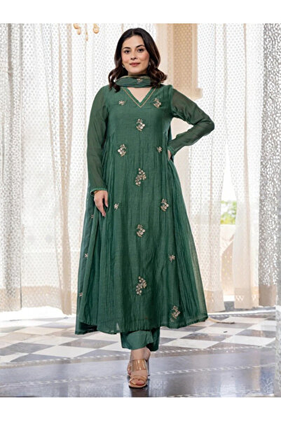 MYSMAR Green Cotton Salwaar Kameez Dupatta - ALV2000 | Green