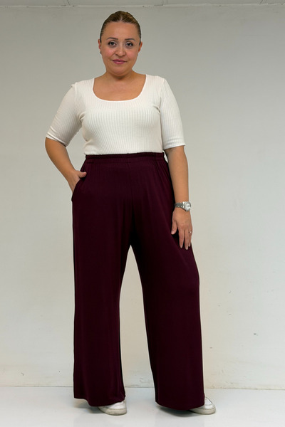 Eslina 39000 Plus Size High Waist Elastic Wide Leg Combed Cotton Trousers - Burgundy