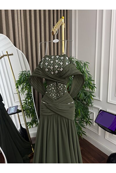 EVENTANA Embroidered olive chiffon dress by Eventana