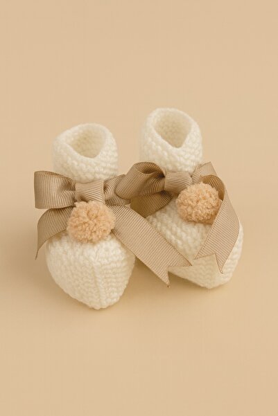 PARK BEBE Knit Booties for Baby Girl and Boy, Hand-Knitted with Pompom Bow De...