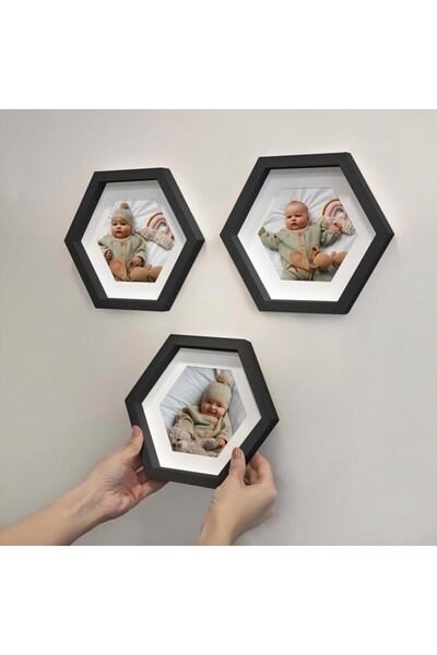 BADEAVM Yapışkanlı Sök Tak Paspartulu Altıgen Çerçeve - 3'lü Standart Boy