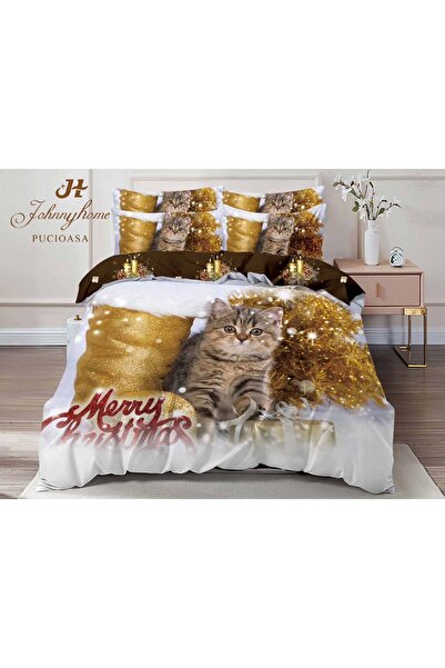trendyhome Finet Cotton Christmas Bedding 6-Piece – Kitten, Gold & 'Merry Chr...