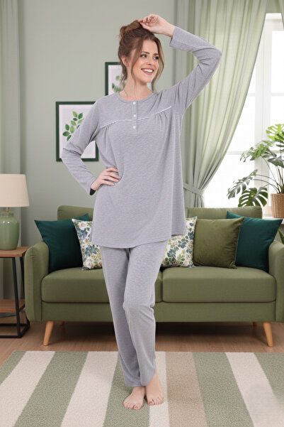 PREGNANT WORLD Women's Gray Design Crew Neck Long Sleeve Plus Size (Oversized) Pajama Set