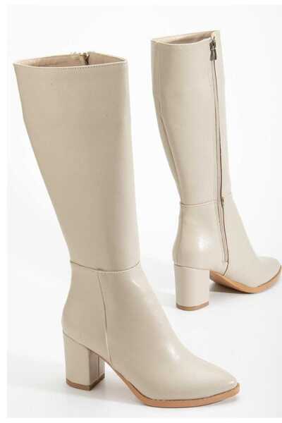 NiceDiffer Women's Beige Matte Short Thick Heeled Boots