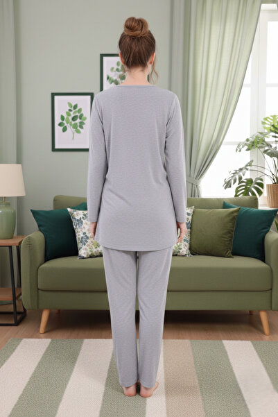 PREGNANT WORLD Women's Gray Design Crew Neck Long Sleeve Plus Size (Oversized) Pajama Set