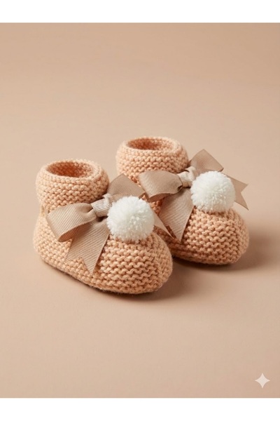 PARK BEBE Kız ve erkek bebek için triko patik ponpon fiyonk detaylı el örmesi