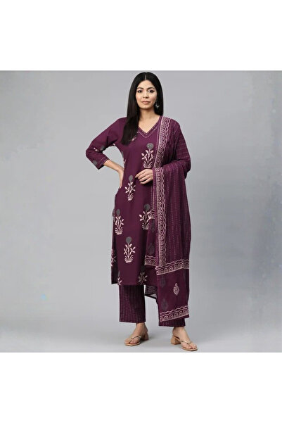 MYSMAR Purple Cotton Salwaar Kameez Dupatta -ALV1001 | Purple