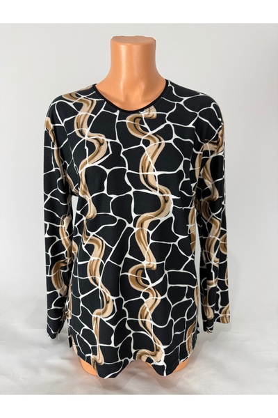 YAŞAR TRİKO Γυναικείο μπλουζάκι με μαύρο σχέδιο με λαιμόκοψη σε σχήμα U με μακριά μανίκια στο πλάι άνοιγμα Suede Mother Combed Cotton T-shirt