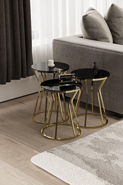 MYDECO Kum Saati Zigon Sehpa Gold Kaplama Siyah Ayna