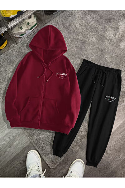 PENTHİLUS Unisex Milano Printed 3 Thread Ş Fleece-Lined K Hooded Tracksuit Set