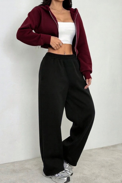DEZZİİ 2-Piece Burgundy Crop Cardigan and Baggy Wide-Leg Sweatpants Set
